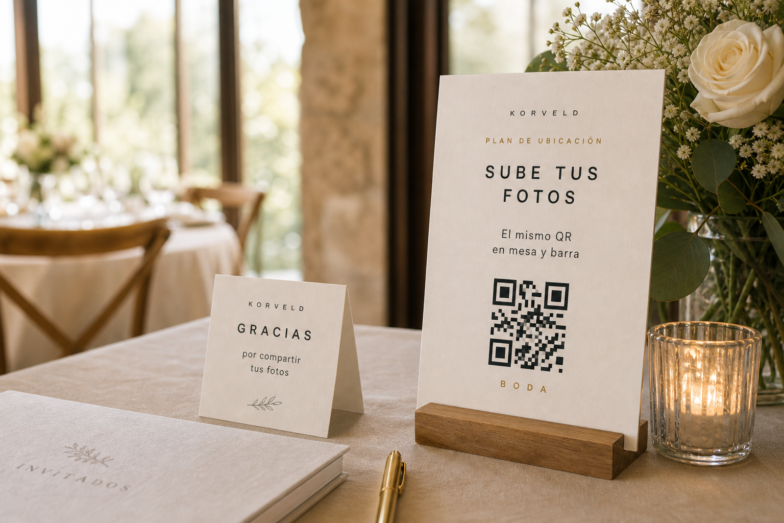 Mesa de recepción de boda con vajilla y velas