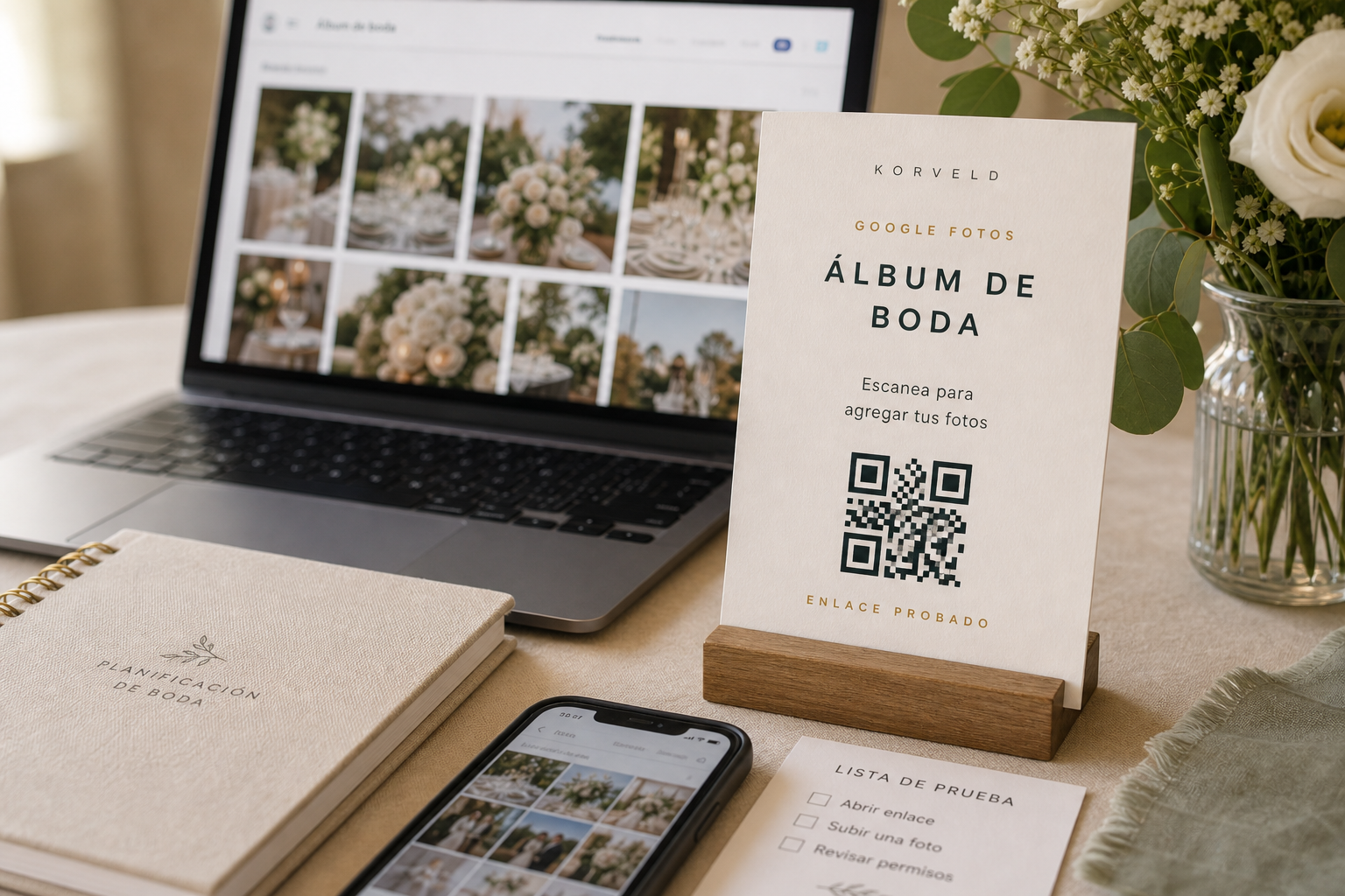 Teléfono escaneando un QR cerca de una mesa de boda