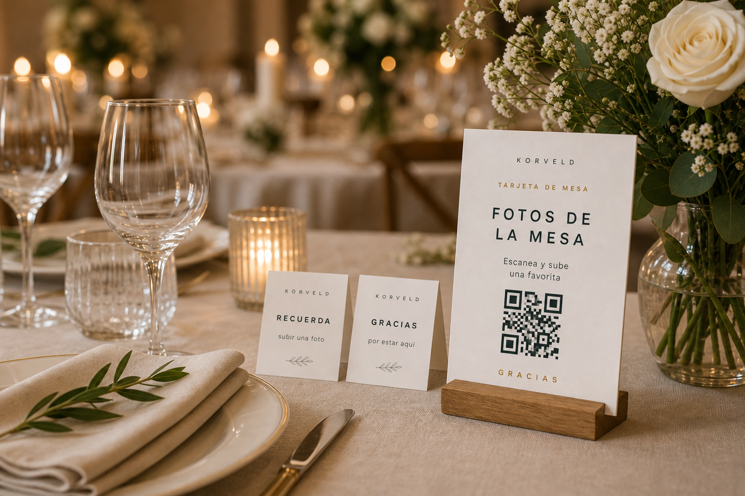 Tarjeta de mesa con QR junto a platos de boda