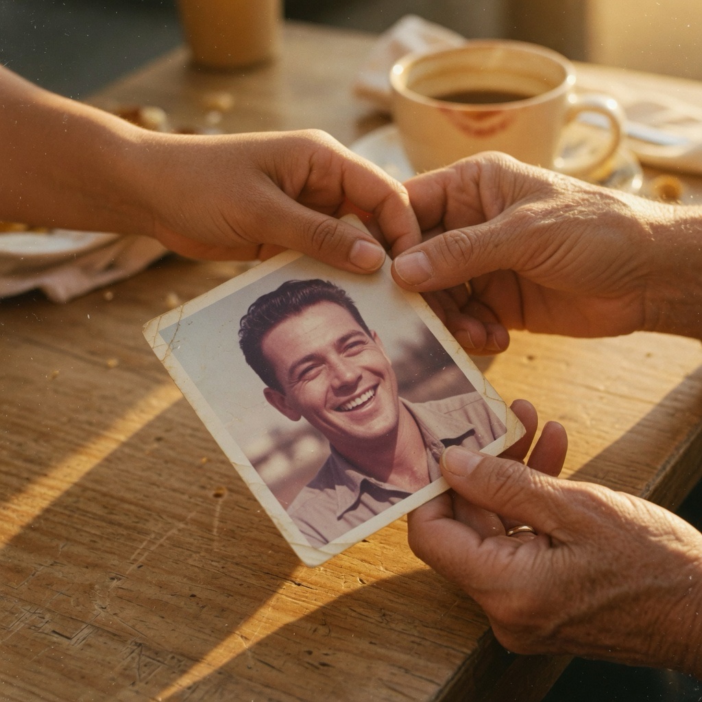 Dos manos de distintas generaciones sostienen una foto impresa antigua de un hombre sonriendo